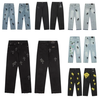 WOLH Chrome Hearts 23Spring and Summer New Cross Leather Patchwork Jeans Straight-Leg Pants Trousers High Street Men and Women CoupleinsWind