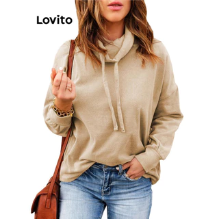 Lovito Moletons femininos plus size curvos casuais lisos com cordão LNL58065