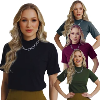 T-Shirt Feminina Camiseta Gola Alta Blusa 100% Algodão