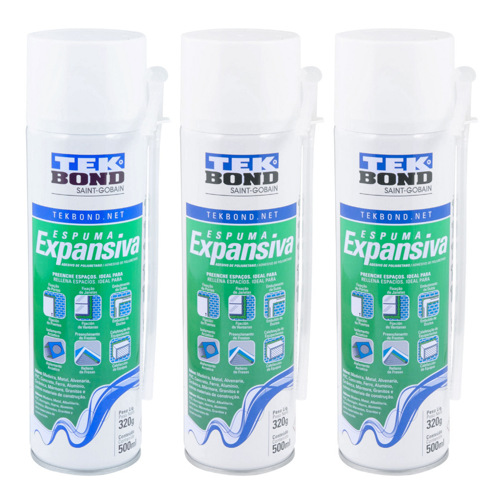 KIT 3 Espumas Expansivas Uso Geral Tekbond 500 ML - FRASCO GRANDE