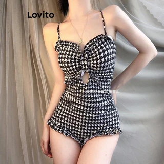 Lovito Feminino casual houndstooth recortado alface guarnição peça única LNE52307