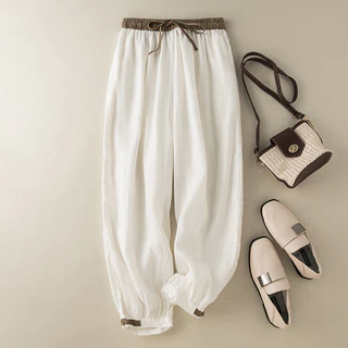 Algodão e Linho Fivela Cor Correspondência Lace-up Tornozelo-Amarrado Harem Cropped Calças