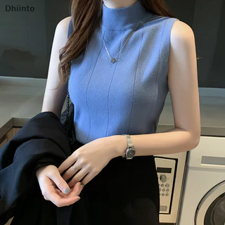[Camisetas De Moda Tricotadas Para Meninas Summer Thin Solid Color Tops Basic Casual Turtleneck Sleeveless Em