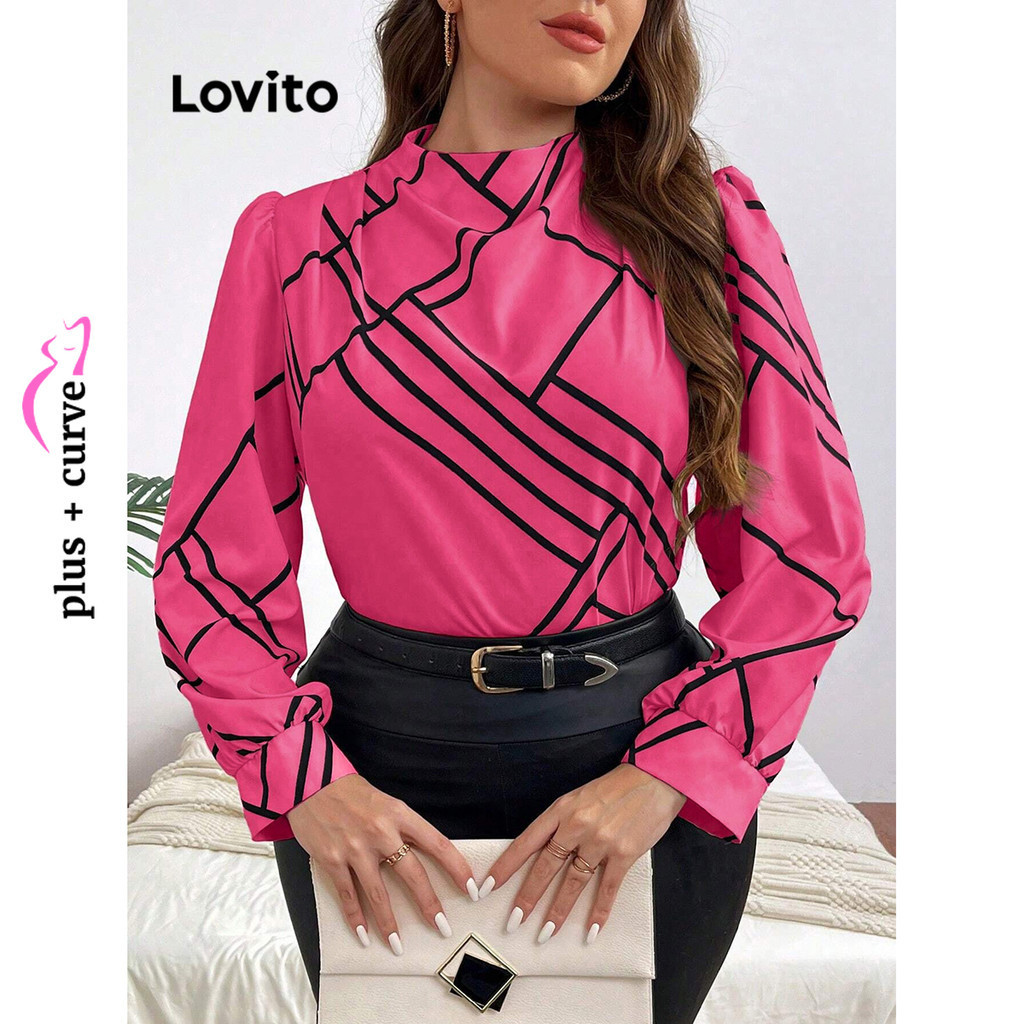 Lovito Blusa feminina com babados geométricos elegantes plus size LBL13291