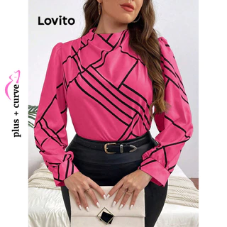 Lovito Blusa feminina com babados geométricos elegantes plus size LBL13291