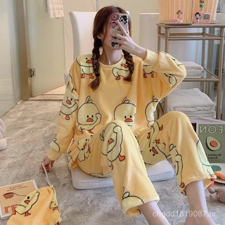 Conjunto de pijamas de flanela de inverno de veludo coral feminino manga comprida cartoon casa pijama em Oferta na Shopee