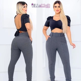 Calça Feminina Legging Skinny em Crepe Malha Cintura Alta com Cinto