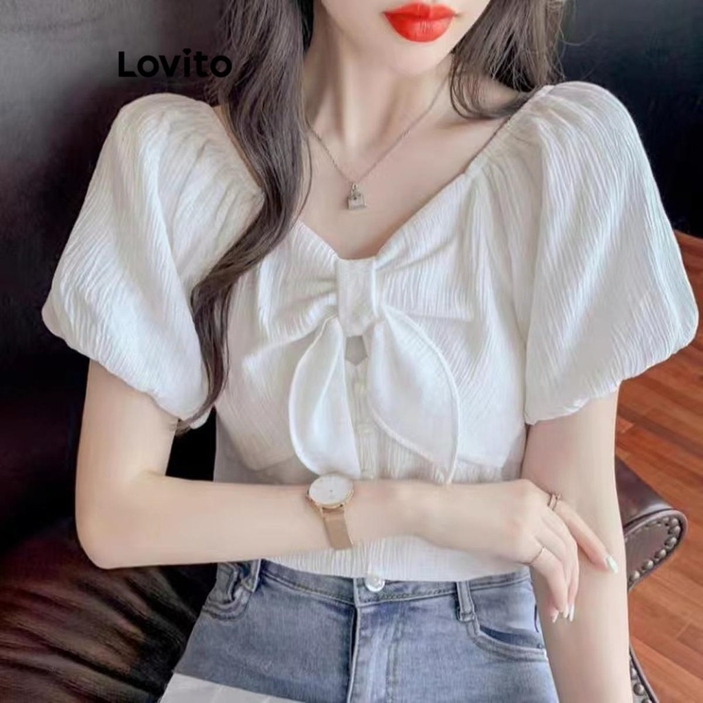 Lovito Blusa Casual Lisa Com Renda Para Mulheres LNE46015