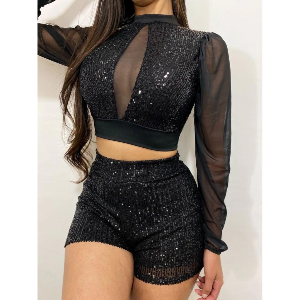 Conjunto Cropped c/ Gola Tule no Meio Manga Longa Tule Moda Balada ...