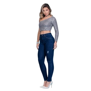 Calça Jeans Feminina Skinny com aplique de cristais Cintura Alta Biotipo Jeans Original