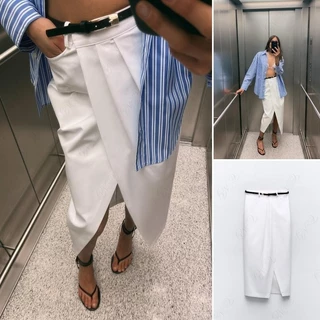 24 Primavera Verão Novo Estilo de Verão Novo Estilo de Verão Decoração de Cinto de Cor de Contraste com Flauta de Bolso Flauta de Cintura Alta Saia Reta1165063