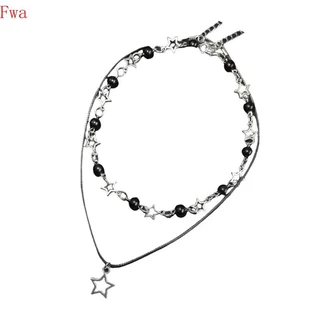 Fwa Trendseting Colar Pingente Estrela Contas Pretas , Corda Couro PU , Gargantilha Comprimento Ajustável P