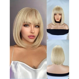 Peruca Bob Loira Curta Com Franja Natural Fibra Bio Organica