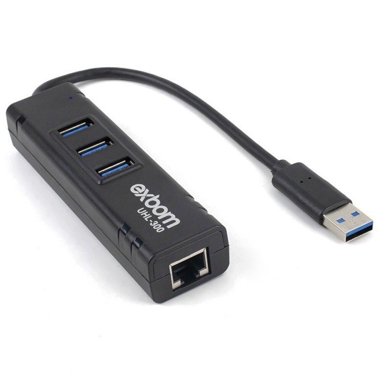 HUB USB 3.0 Com 3 Entradas USB e Porta Adaptador de Rede Ethernet RJ45 Até 1000 Mbps Exbom UHL-300