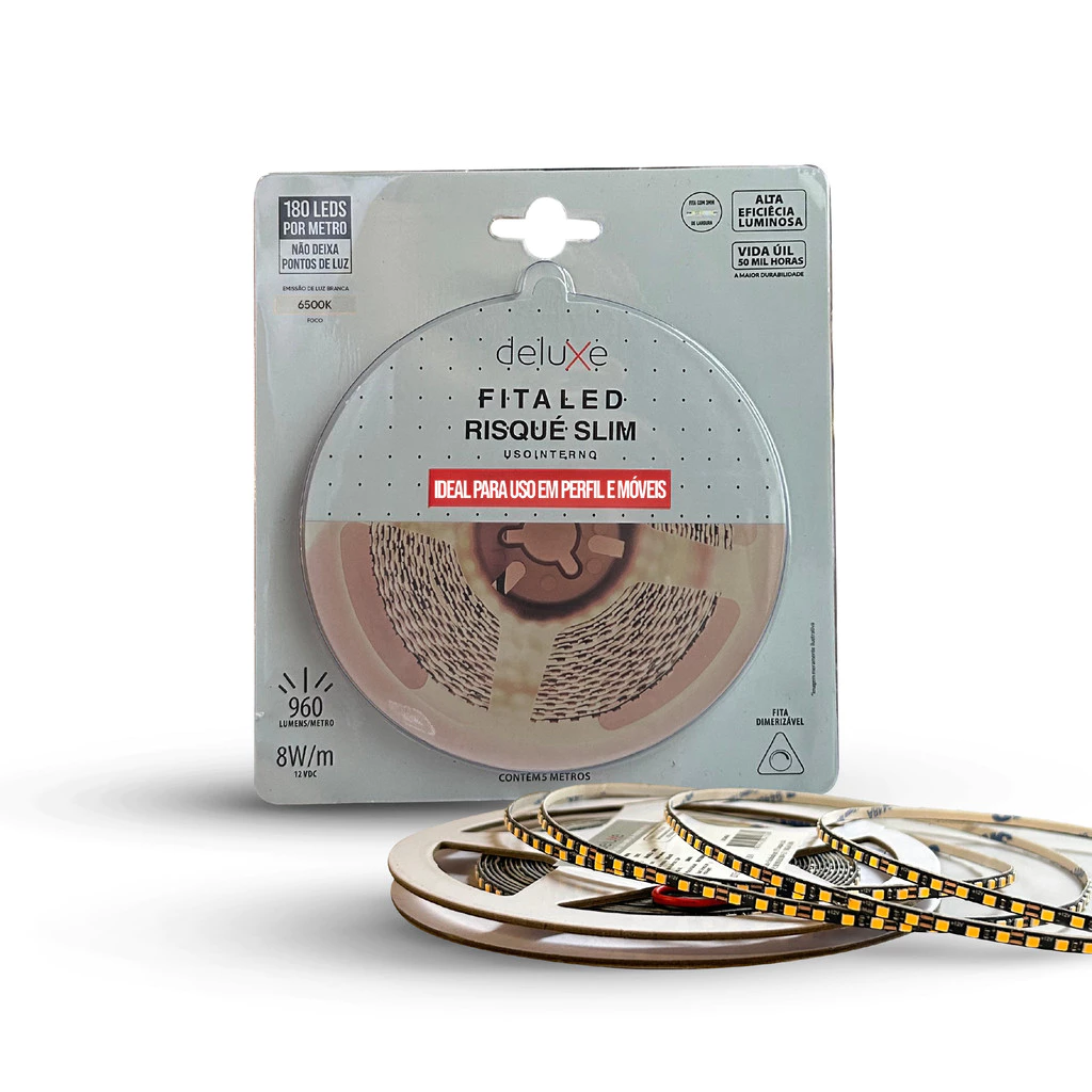 Fita Led Risque Ultra fina 3mm 8W 6500K 5m 12V Pr Deluxe