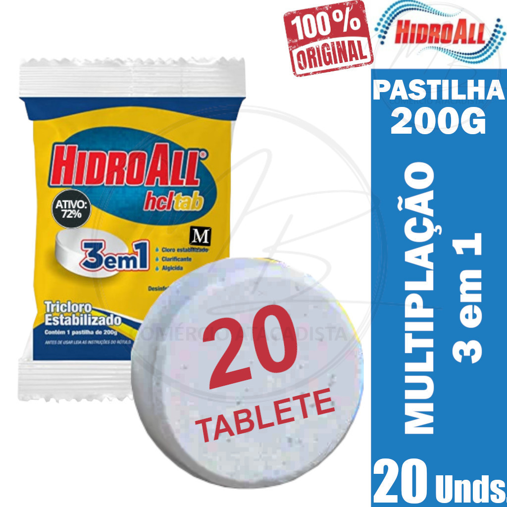 Kit 20 Tablete Cloro HTL Tab 3 em 1 Pastilha 200gr - Hidroall | Shopee ...