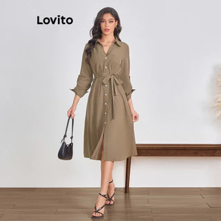 Lovito Vestido feminino casual com botões frontais lisos LBL11407
