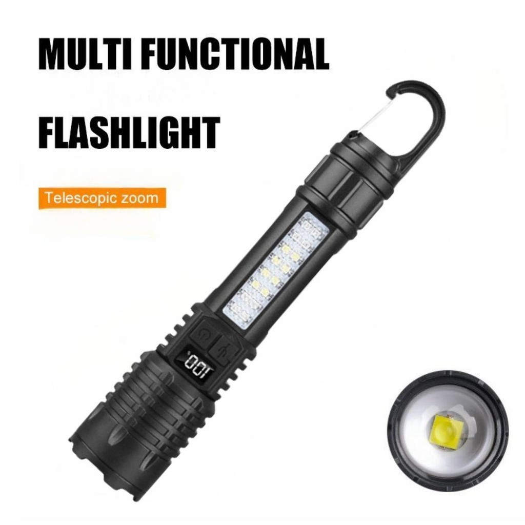 Lanterna LED Recarregável Super Brilhante Com Zoom Mostrador Elétrico Inteligente Luz De Camping Gancho Luzes Laterais Red/blue COB Para Caminhadas De Montanhismo Ao Ar Livre