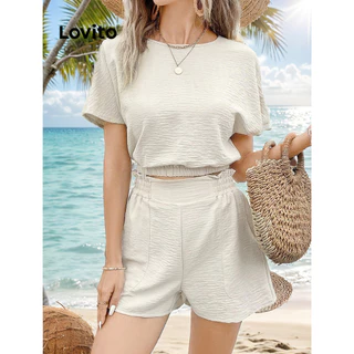 Lovito Conjunto Boho de Camiseta Crop Plissada para Mulheres L74ED085 (Topo/Conjunto/Shorts)