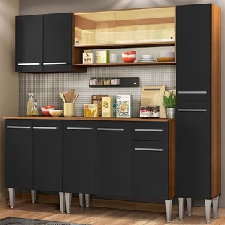 Cozinha Completa Madesa Emilly Sky com Armário Vidro Reflex e Balcão - Rustic/Preto em Oferta na Shopee