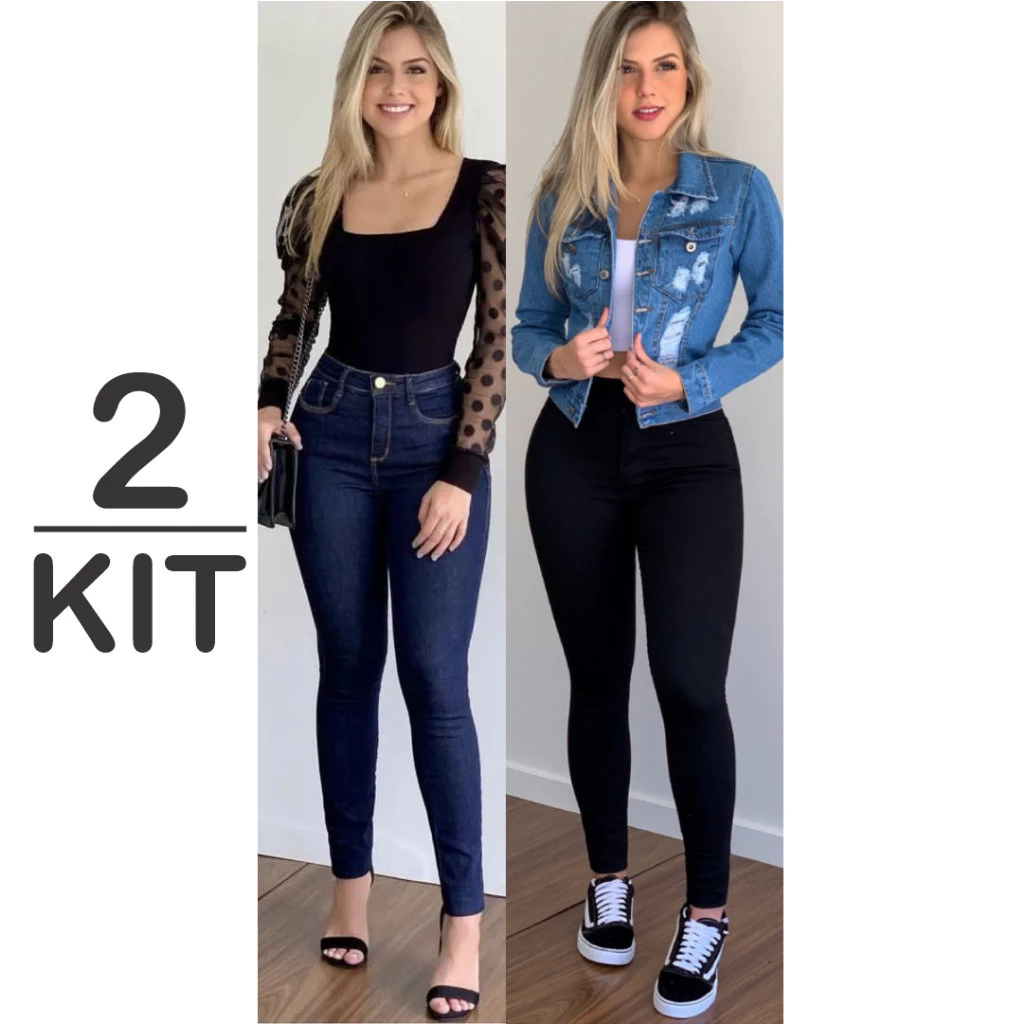 Kit 2 Calça Jeans Feminina Com Elastano Skinny Efeito Levanta Bumbum Cintura...