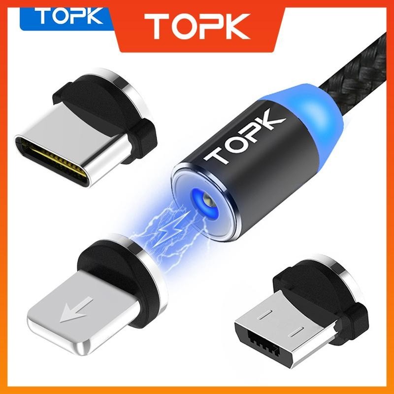 [TOPK 3 Em 1 Cabo De Carregamento Magnético 360 Graus Rotativo Com Micro USB C Trançado De Nylon LED