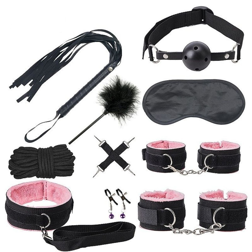 Kit Sado Black Wolf Rosa Completo Com Mordaça Corda e Chicote