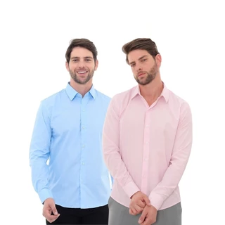 KIT Masculino 2 Peças - Camisa Social Premium Tipo Linho Azul Claro e Camisa Social Slim Rosa