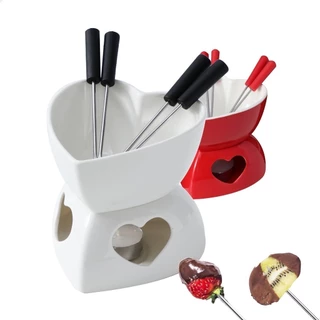 Kit Conjunto Panela Fondue Aparelho Cerâmica Coração Pequeno Branco