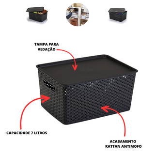 Kit Com 4 Cesto Caixa Organizadora Rattan Com Tampa  4 Litros Preto — foto 3 — Achou Levou Brasil