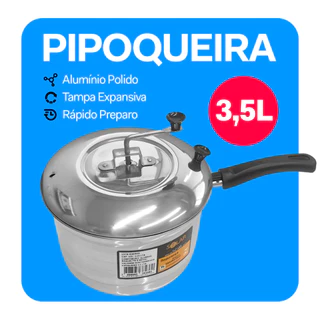 Panela Pipoqueira 3,5 Litros Alumínio Polido Haste Reforçada Cabo Antitérmico