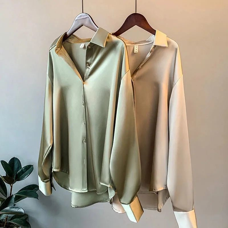 Camisa de Seda Feminina com Mangas Longas/Retro/Tamanho Plus/Primavera ...