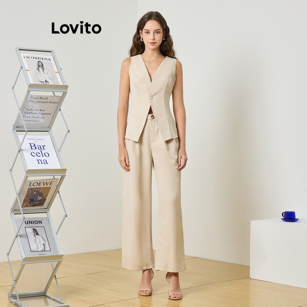 Lovito Plus Size Curva Elegante Simples Split Pocket Calças Conjuntos ...