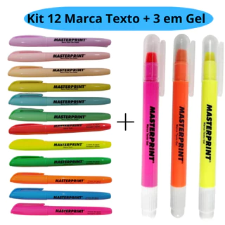 Kit 12 Marca Texto (6 Neon + 6 pastel) + 3 Marca Texto Gel Amarela Rosa Laranja Masterprint