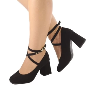 Sapato Feminino Nobuck Preto Boneca Tira Infinita Salto Alto ER1202