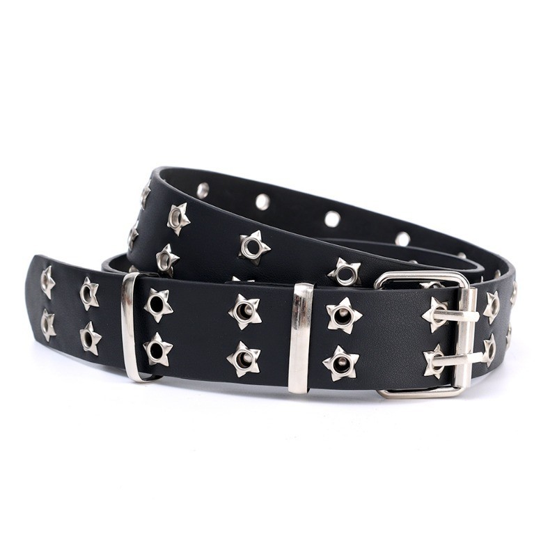 Casual Punk Silver Star Rivet Belt Y2K Fashion Black PU