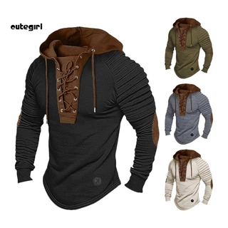 CMN-Men . Capuz Pregueado Com Ombro Cordão De Cor Do Slim Fit Stretchy Long