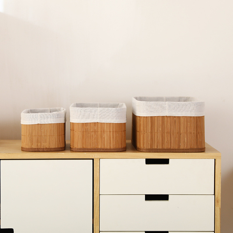 Kit 3 Cestos Organizadores de Bambu Multiuso com Forro