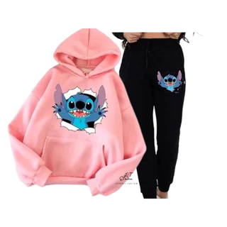 Conjunto Moletom Blusa Canguru + Calça Lilo Stitch Desenho Feminino Masculino Blusa Com Bolso e Capuz Linha Premium