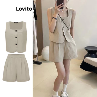 Lovito Elegante Conjunto Básico de Calções de Bolso de Botão Plano para Mulheres L92AD905