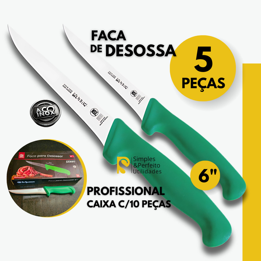 Kit 5 - Faca de Desossa Aço Inox Profissional 6" Açougue, Churrascaria Restaurante