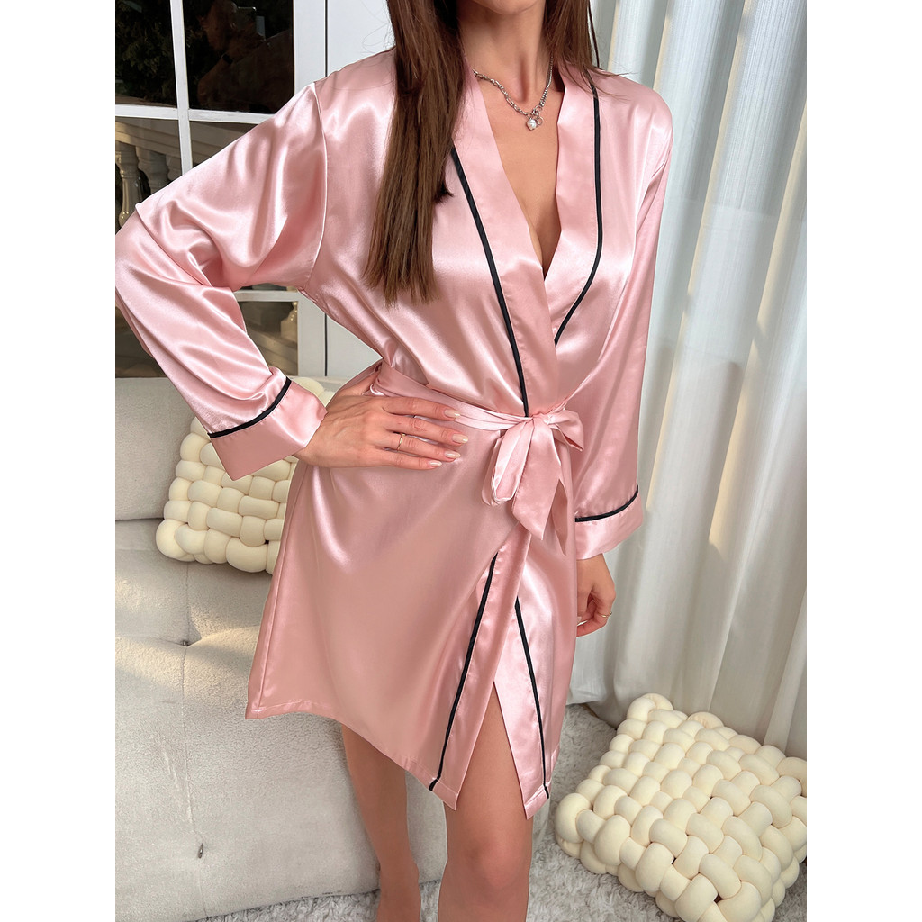 Robe De Noite De Cetim Simples Elegante Com Decote Em V Manga Comprida ...