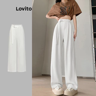 Lovito Calça casual simples plissada drapeada com cinto para mulheres L85AD119