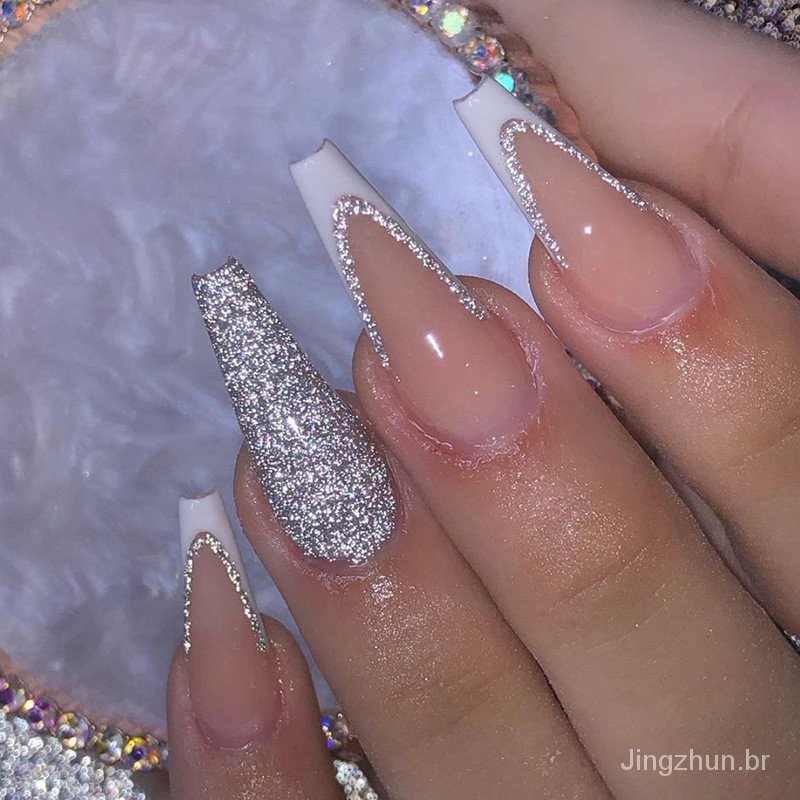 Unha postiça realista realista manicure longa rosa brilhante simples ...