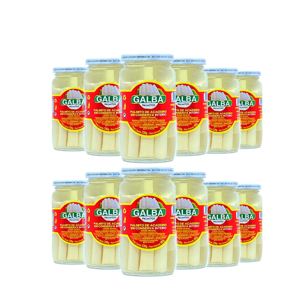 Kit 12 Palmito Açai Galba Vidro 330 Grs-Inteiro-Extra Macio.