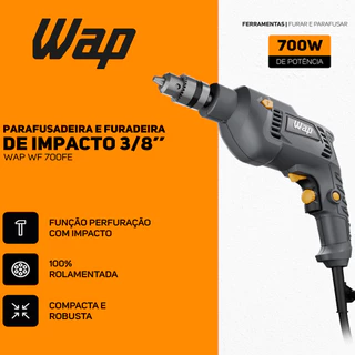Parafusadeira e Furadeira WF 700FE com Impacto Seletor Reverso 700W e Botão Trava Wap