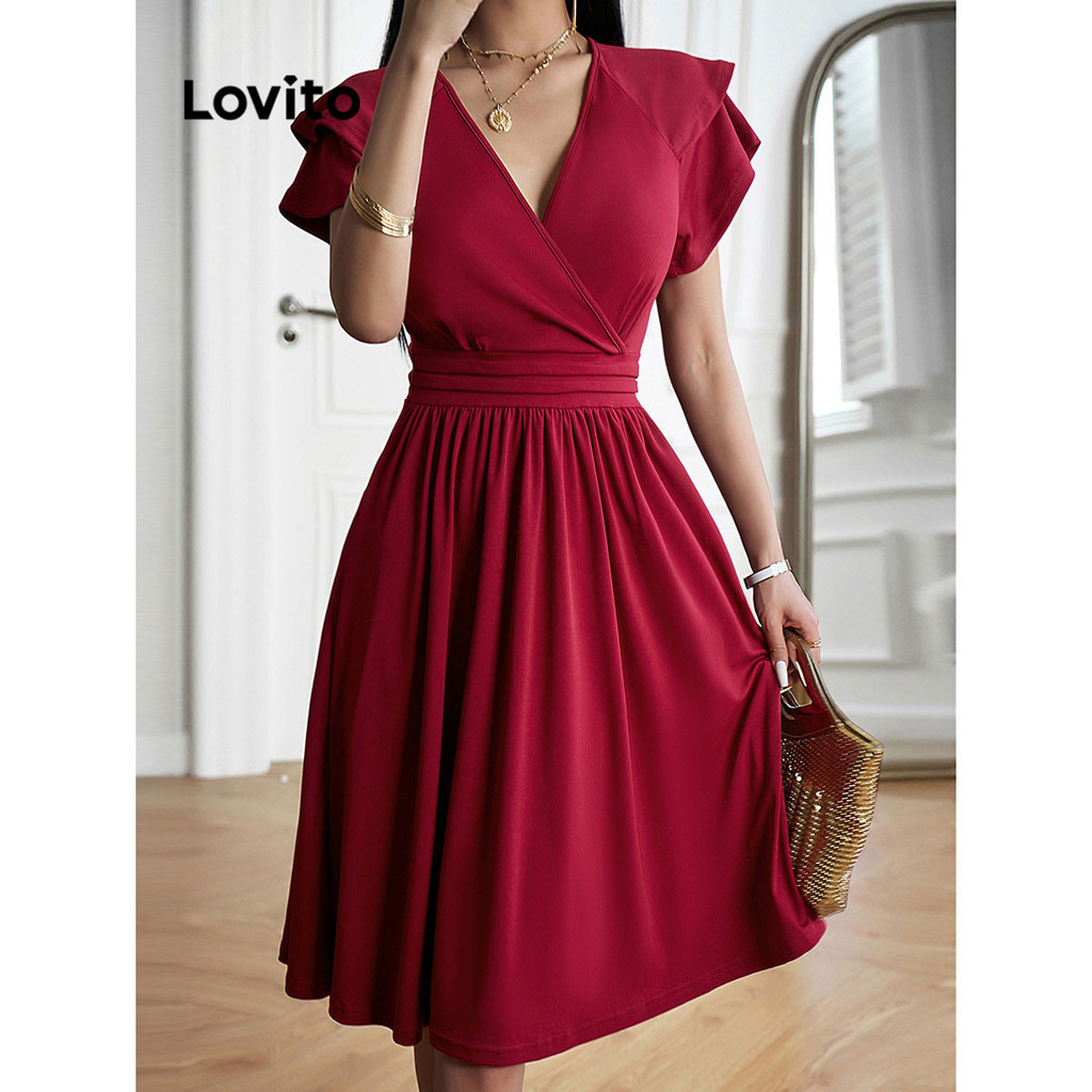 Imagem do produto Lovito Vestido Elegante com Babados para Mulheres LNL36074 (Verde Escuro/Bordô/Preto) na loja Shopee