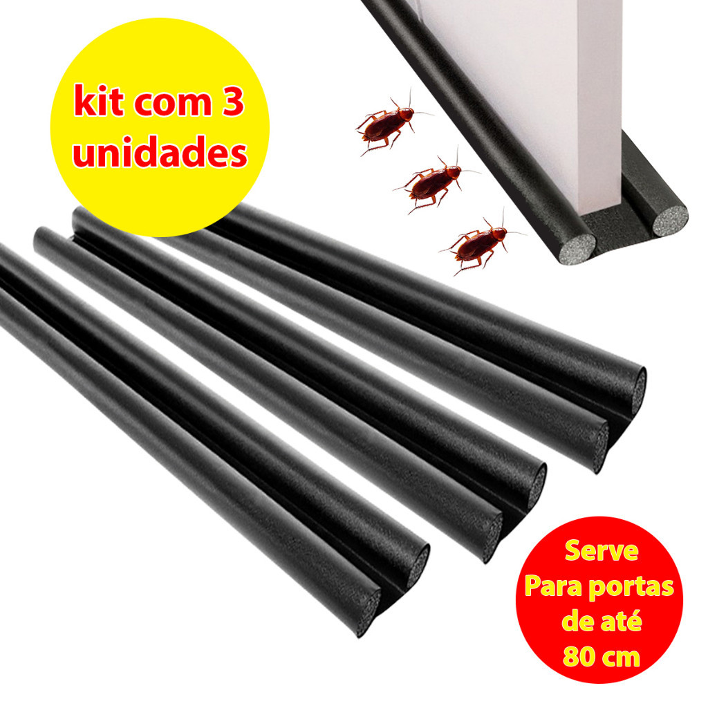 Kit 3 Protetores de Porta 80cm Ajustável Veda Porta Impermeável Preto Casa Limpa