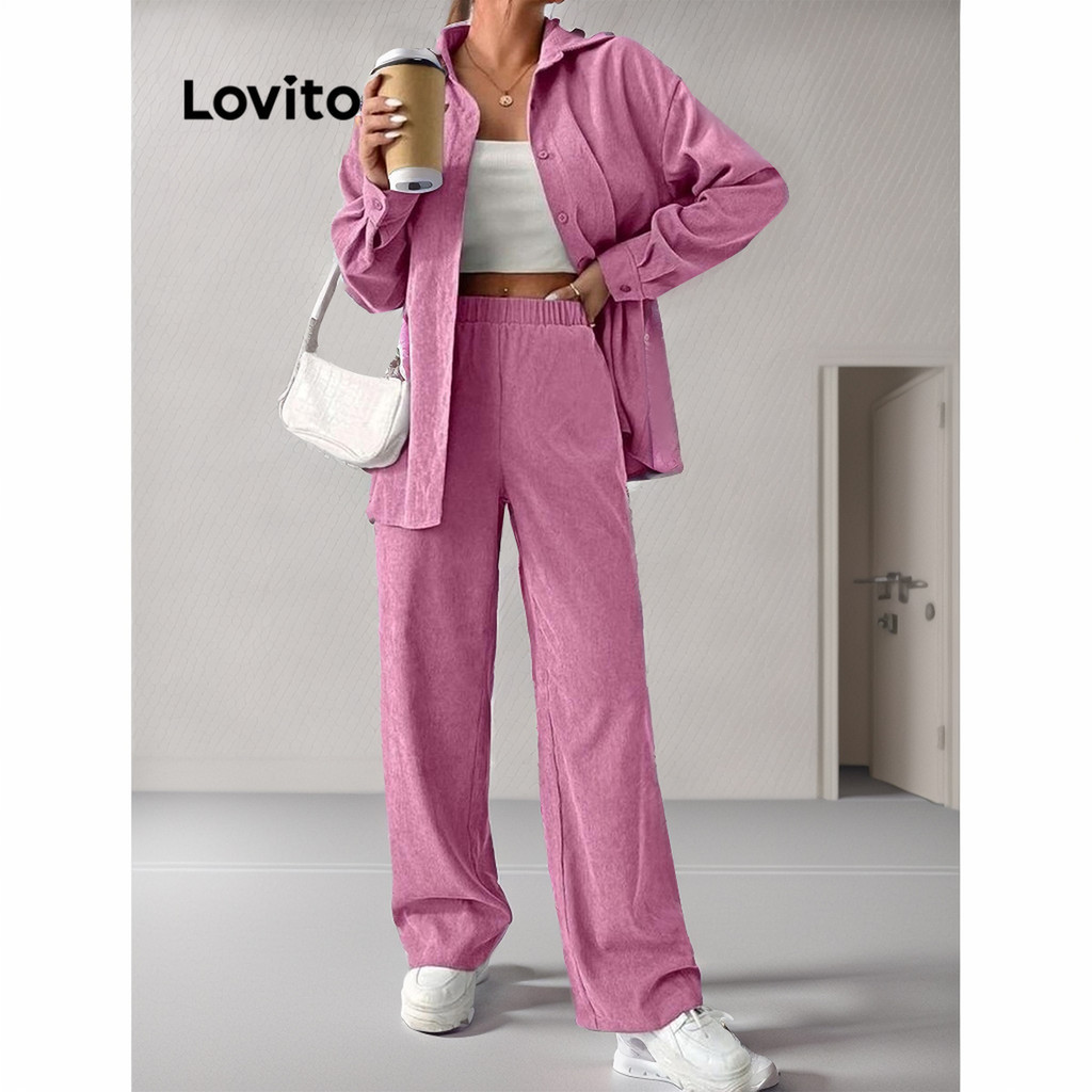 Lovito Conjunto feminino casual com botão liso Calças LNL52014