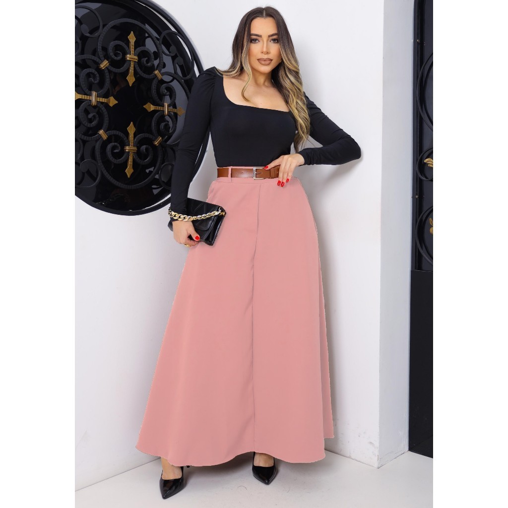 Saia Tecido de Alfaiataria Rosê Rosa Longa com Cinto Marrom Viscose lisa  Godê Evasê Rodada Transpassada social marias moda evangélica Elegante - Main Image